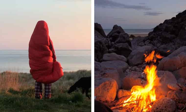Campfire at sunset and camper at sunrise