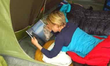 Woman in sleeping bag liner
