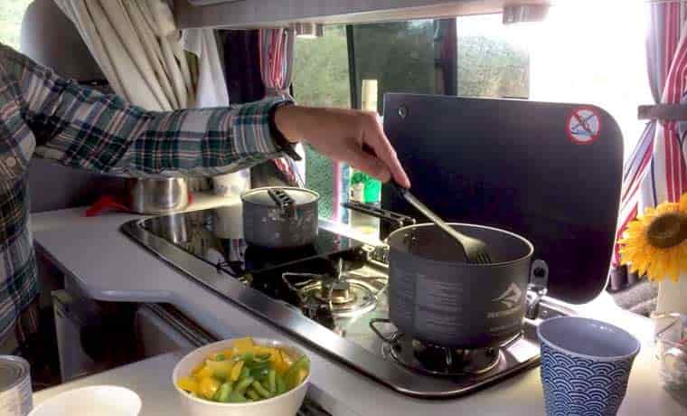Cooking meal in van