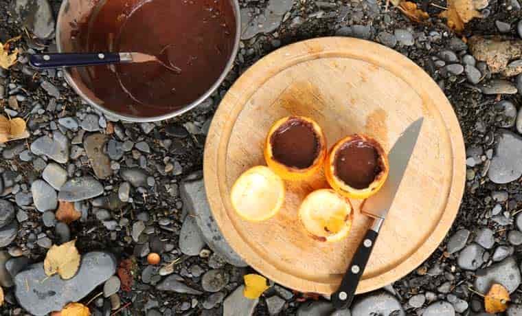 Chocolate batter in oranges