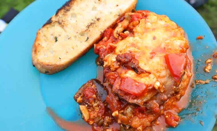 Campfire lasagna and garlic bread