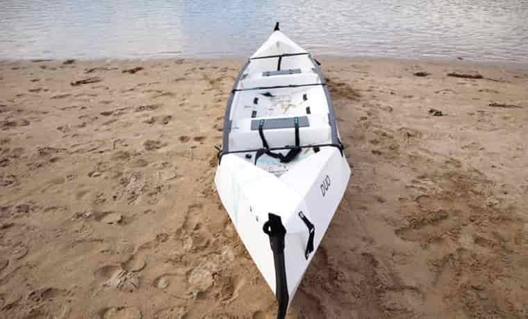 A folding canoe on the beach