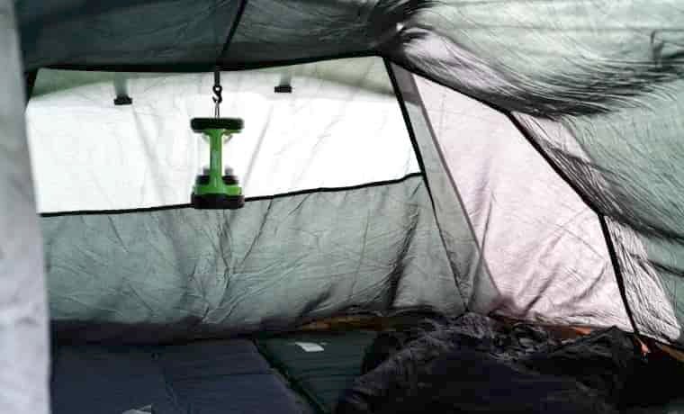 Lantern hanging inside tent