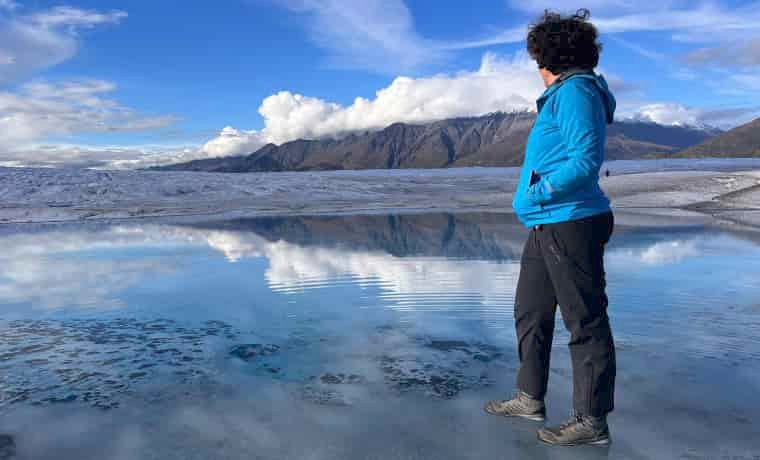 Woman wearing hiking boots in Alaskan mountains