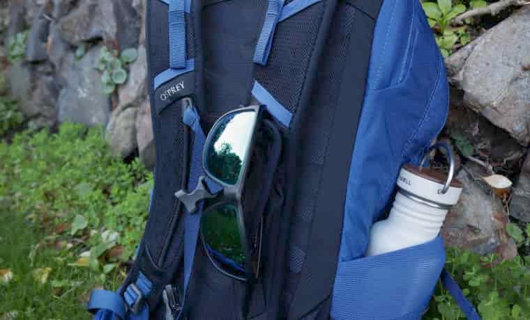 Sunglasses holder on backpack