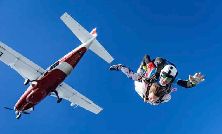 Skydivers and plane in the sky