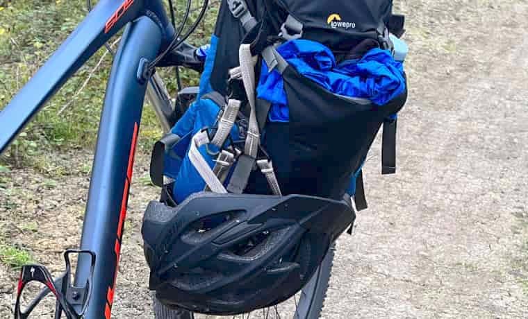 Bike helmet on backpack gear loops