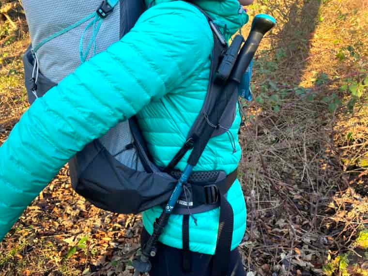 Hiking pole attached to backpack
