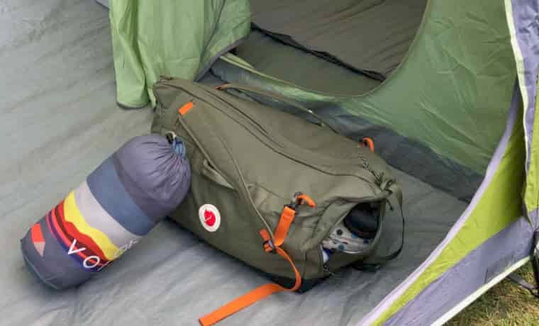 Duffel bag in tent